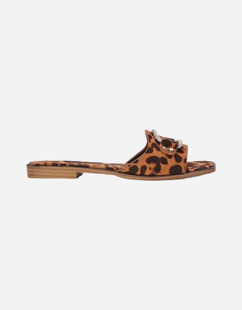 Womens/Ladies Annie Leopard Print Diamante Flat Sliders