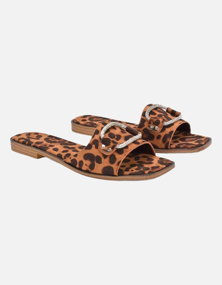 Womens/Ladies Annie Leopard Print Diamante Flat Sliders