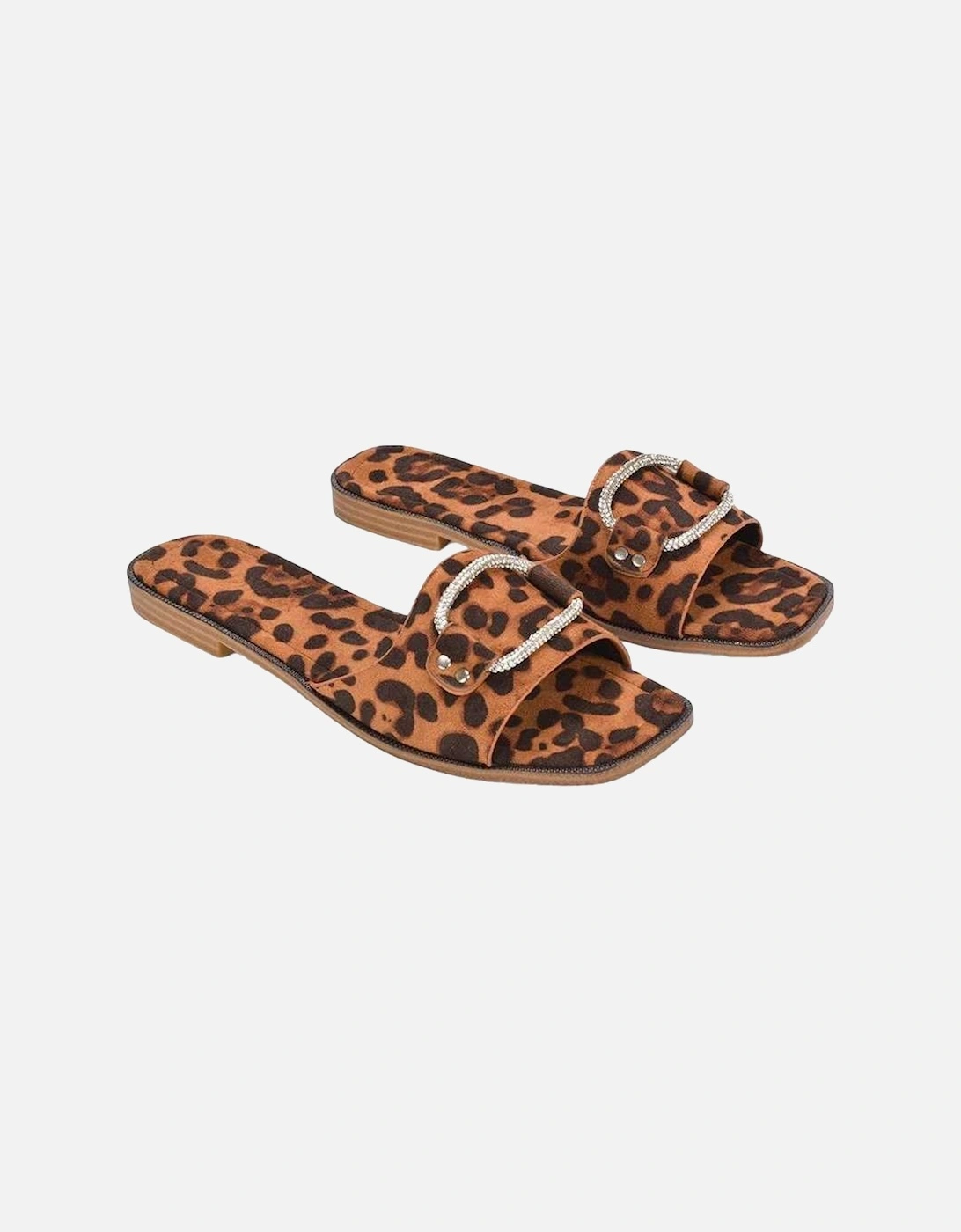 Womens/Ladies Annie Leopard Print Diamante Flat Sliders