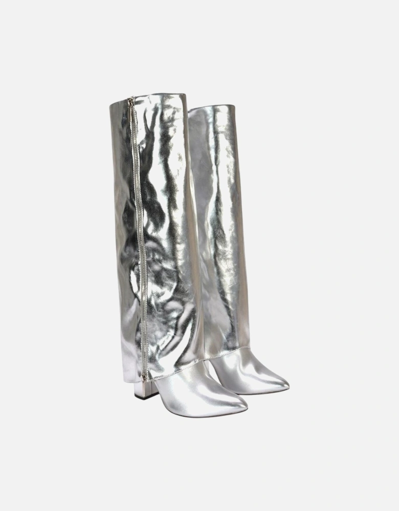 Womens/Ladies Allie Fold Over Metallic Pointed Side Zip Knee-High Boots
