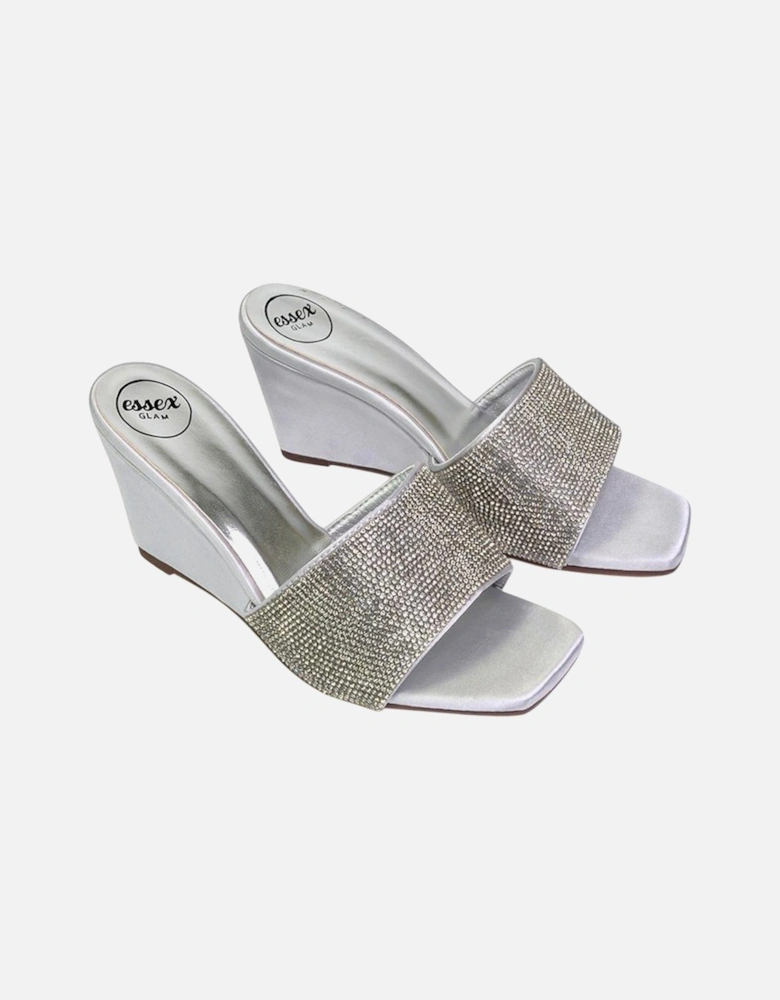 Womens/Ladies Eliza Diamante Satin Wedge Mule Sandals
