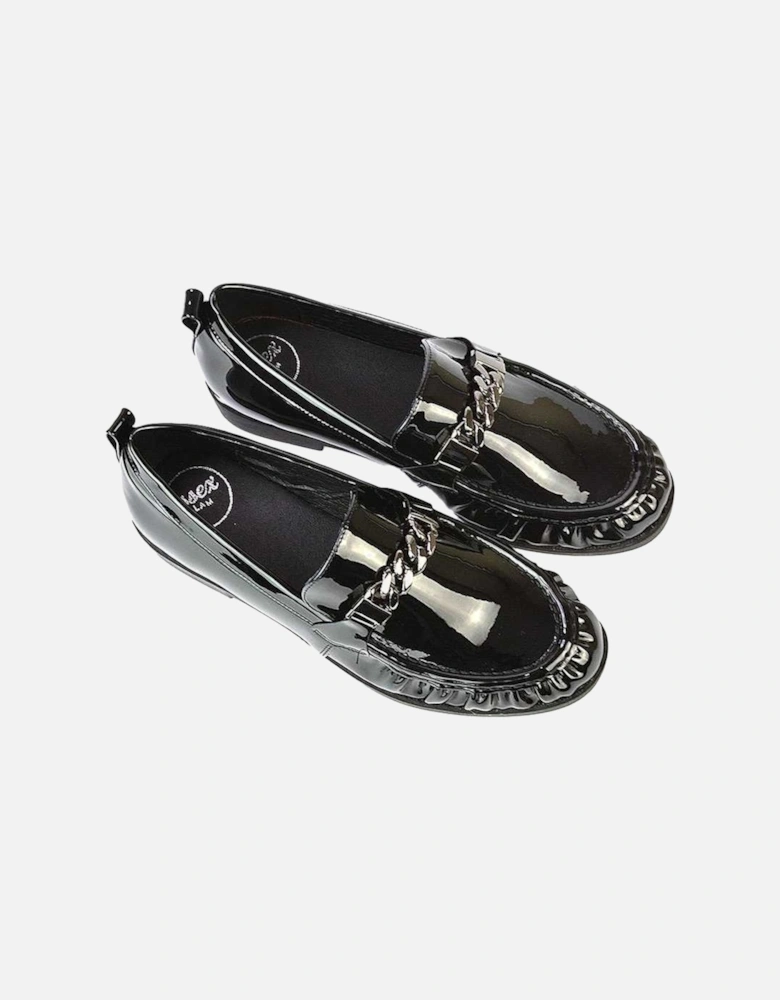 Womens/Ladies Heidi Chain Detail Patent Leather Ruched Loafers