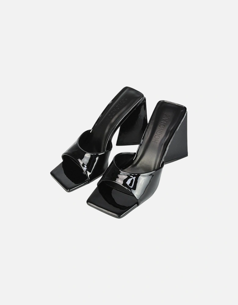 Womens/Ladies Gracia Sculptured Patent Leather Peep Toe Flared Block Heel Mules