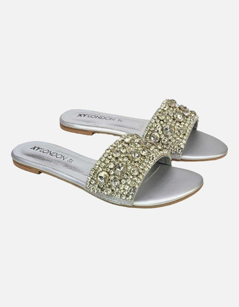 Womens/Ladies Brielle Diamante Metallic Slip-on Flat Sandals