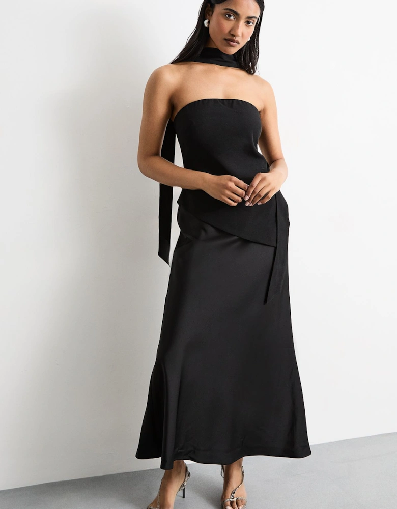 Strapless Structured Bodice Satin Midi Dress