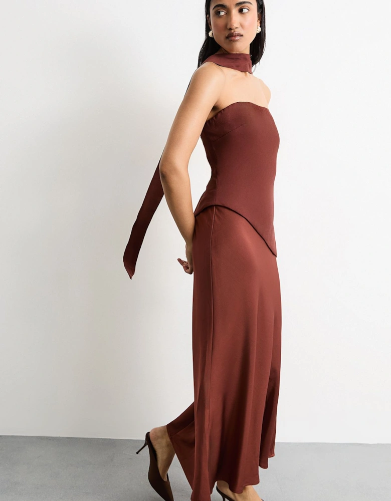 Strapless Structured Bodice Satin Midi Dress