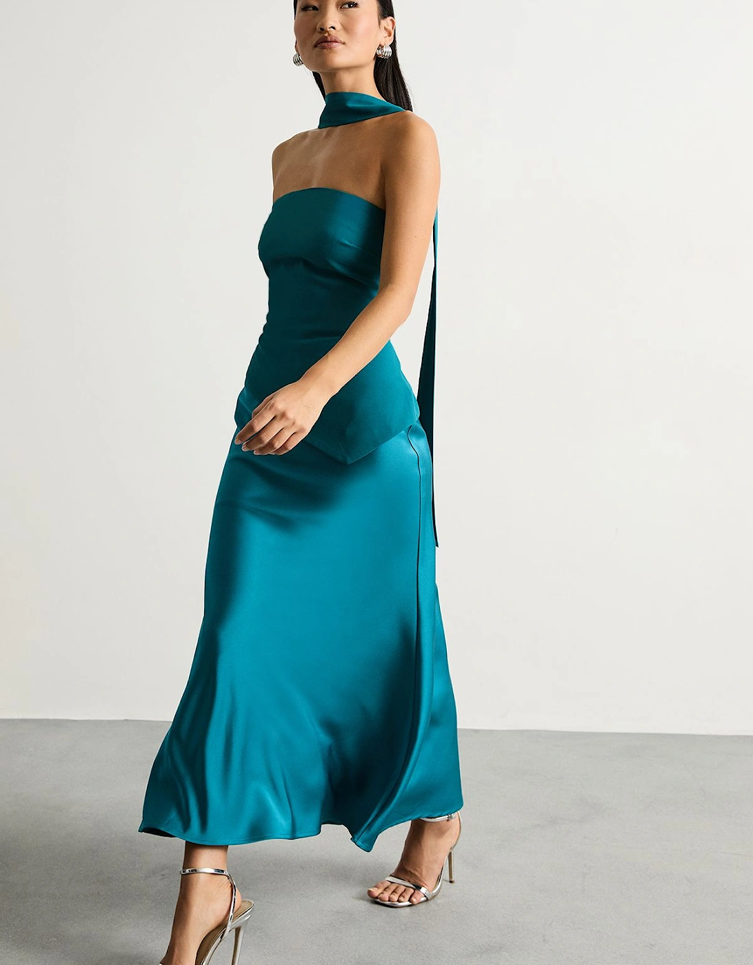 Petite Strapless Structured Bodice Satin Midi Dress, 2 of 1