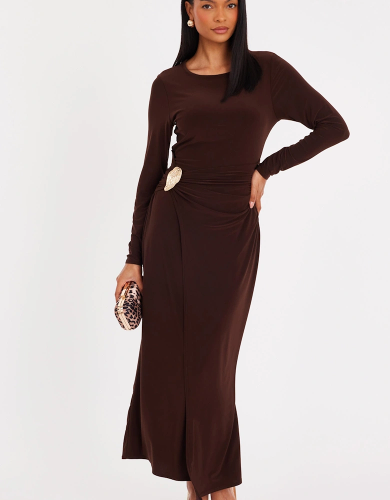 Brown Long Sleeve Wrap Midaxi Dress