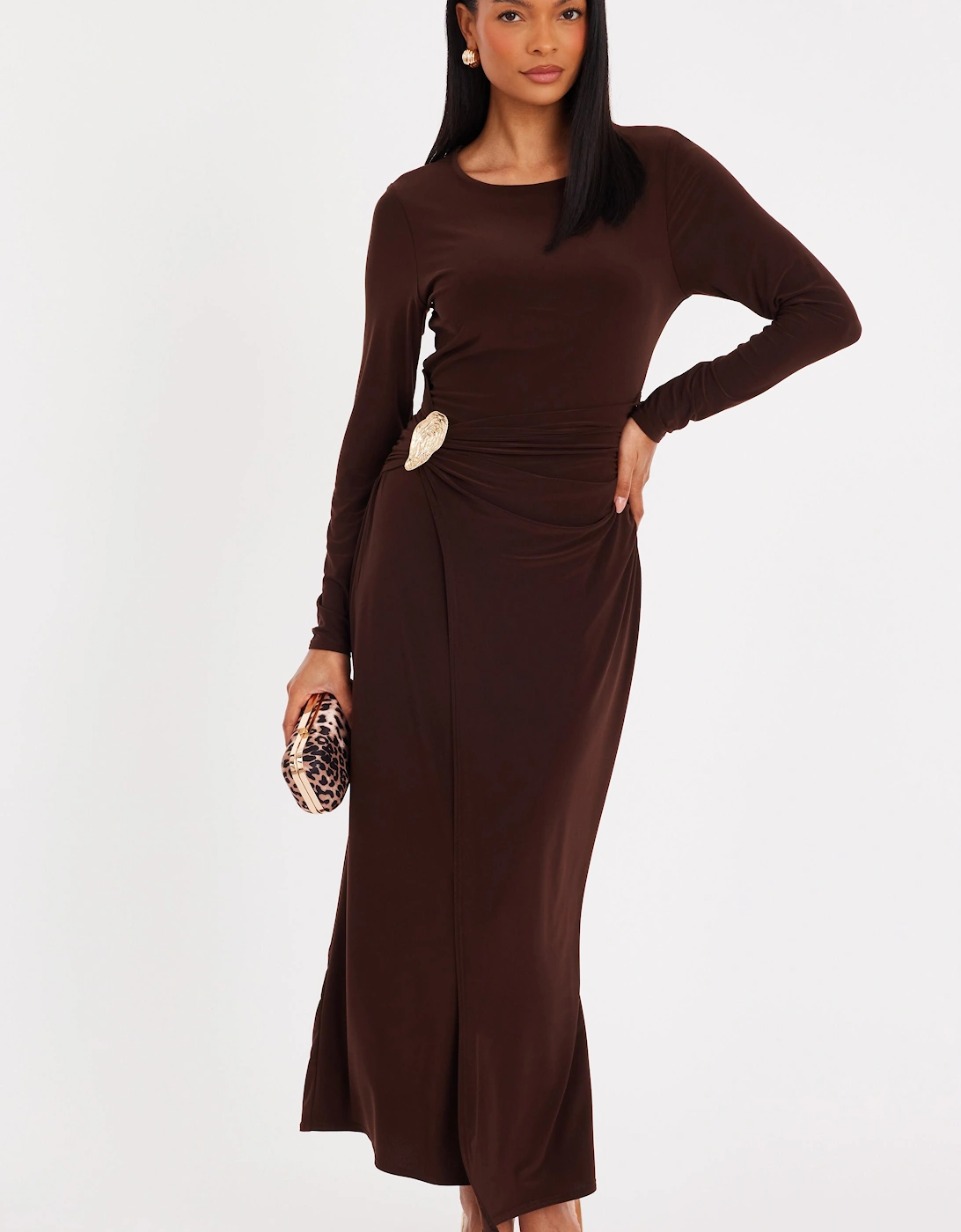 Brown Long Sleeve Wrap Midaxi Dress, 2 of 1