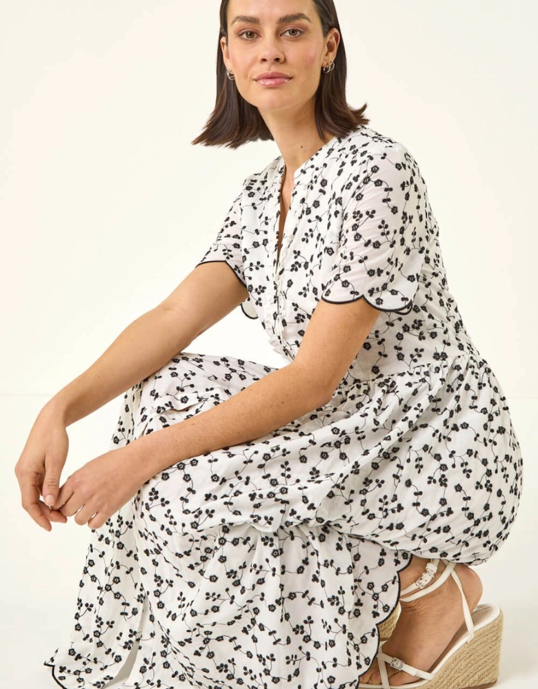 Floral Embroidered Button Midi Dress