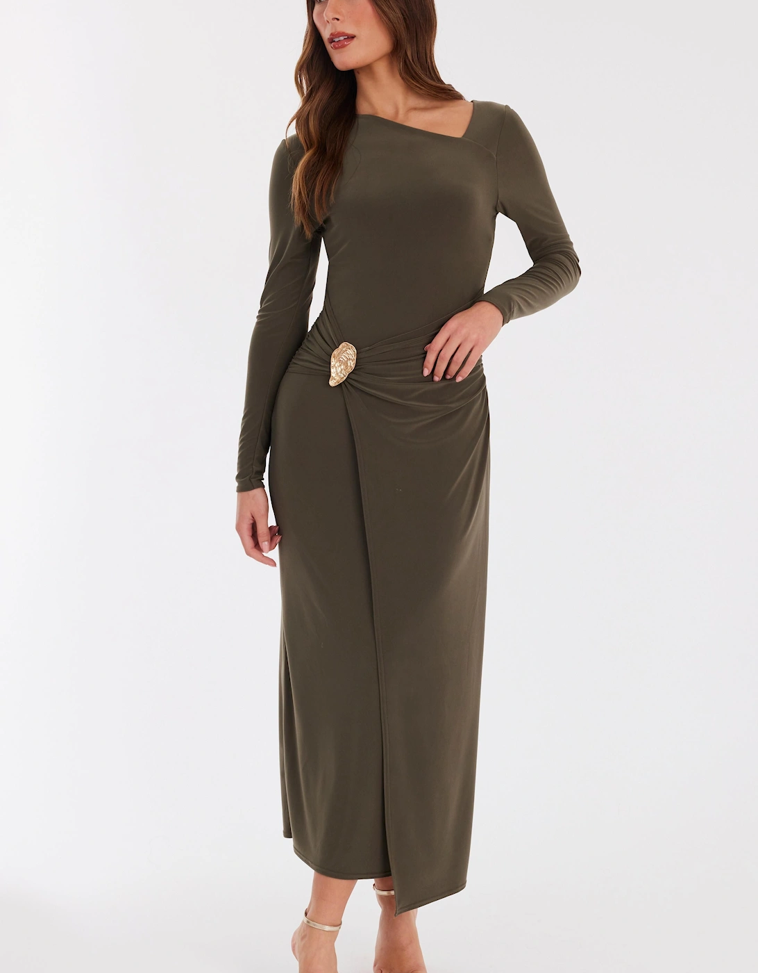 Khaki Long Sleeve Wrap Midaxi Dress, 2 of 1