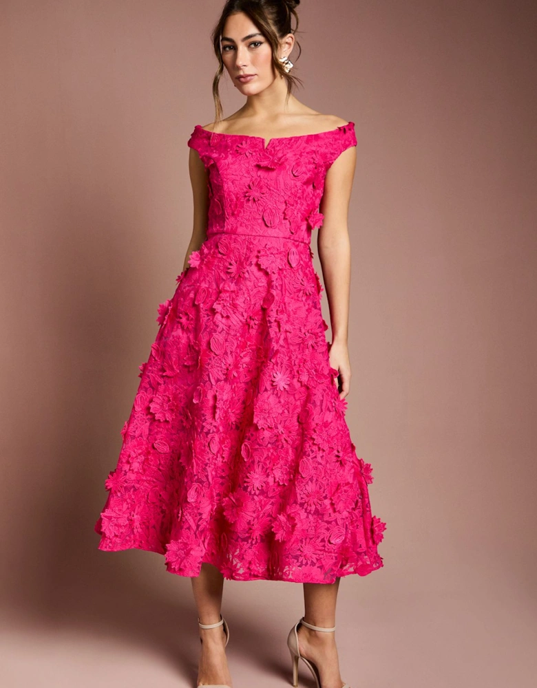3d Floral Bardot Midi Dresss
