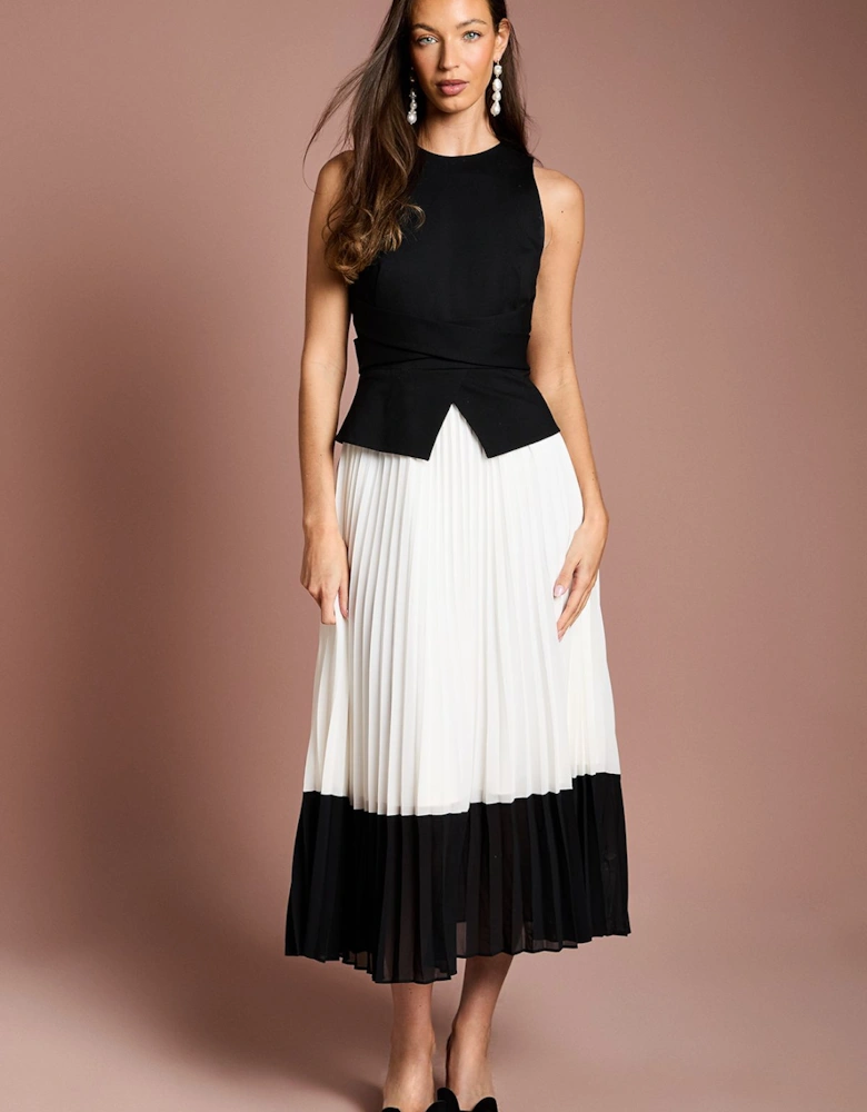Ponte Bodice Georgette Pleated Midi Dress
