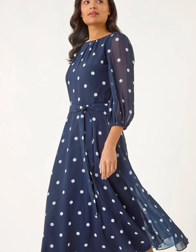 Spot Print Chiffon Pleated Midi Dress