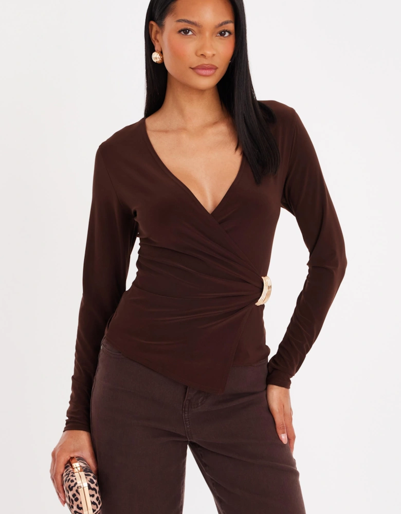 Brown Wrap Buckle Detail Top