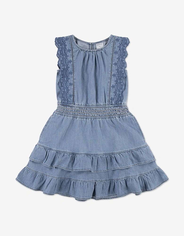 Girls Smocked Waist Tiered Dress in Blue