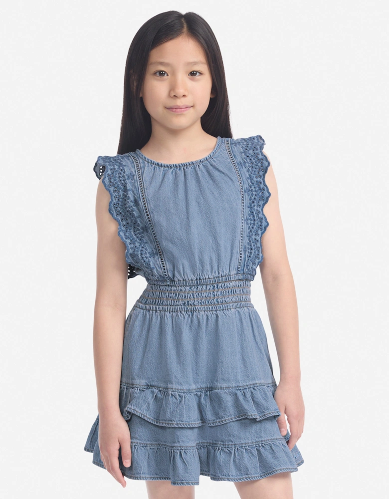 Girls Smocked Waist Tiered Dress in Blue