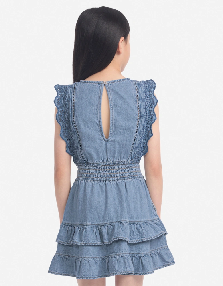 Girls Smocked Waist Tiered Dress in Blue