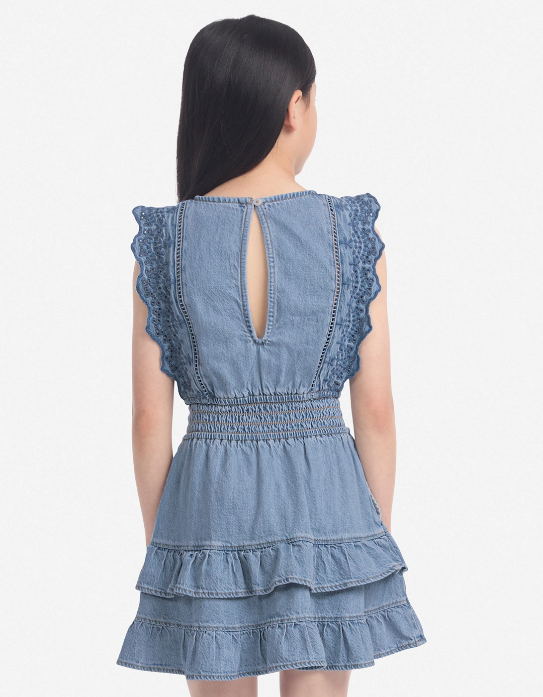 Girls Smocked Waist Tiered Dress in Blue