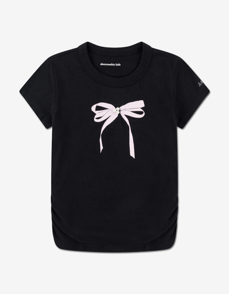 Girls Pearl Bow Ruched T-Shirt in Black