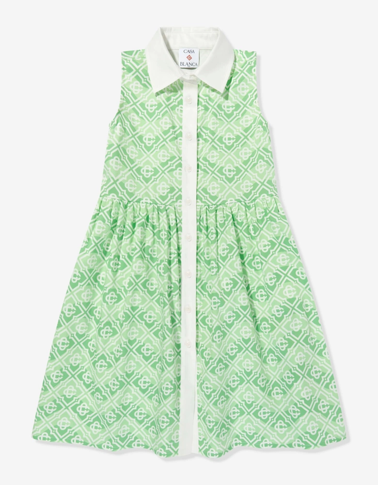 Girls Wavy Monogram Dress in Green