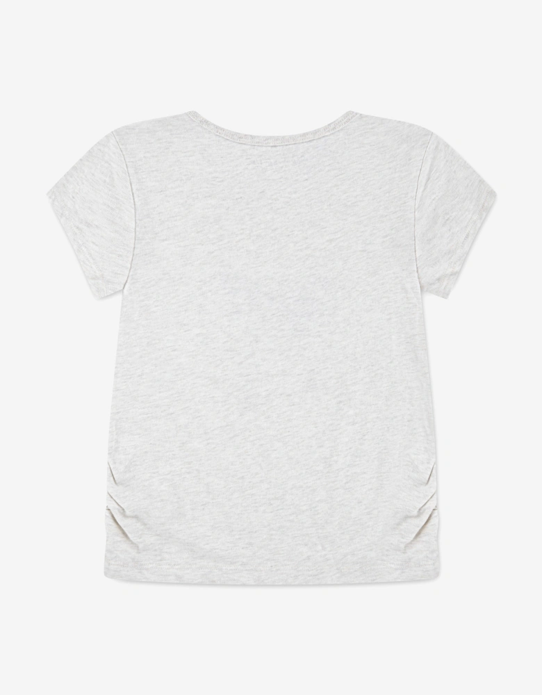 Girls Pearl Bow Ruched T-Shirt in Beige