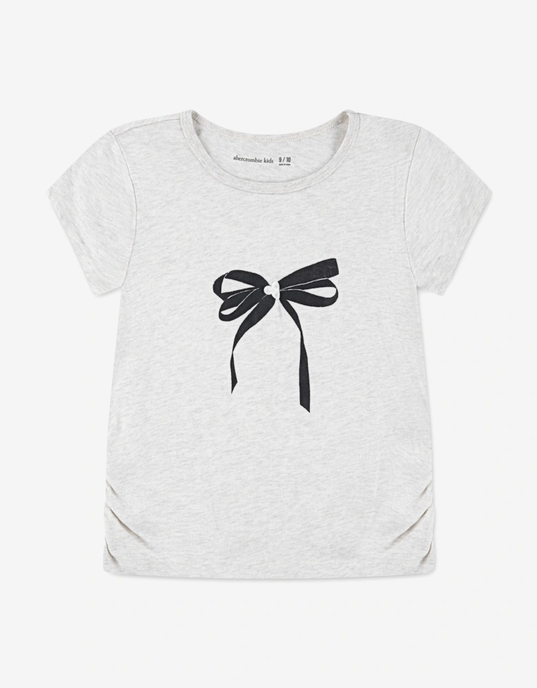 Girls Pearl Bow Ruched T-Shirt in Beige