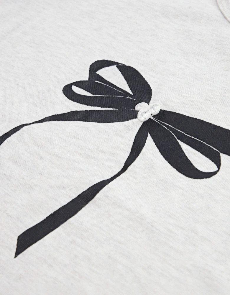 Girls Pearl Bow Ruched T-Shirt in Beige