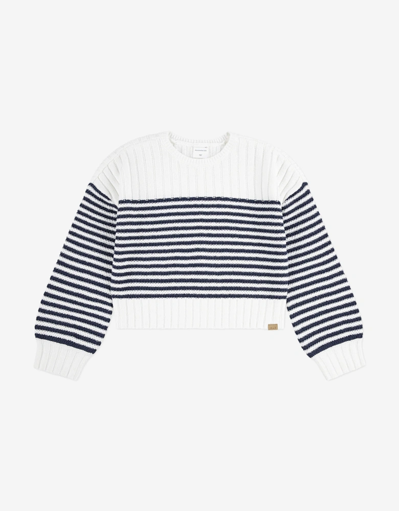 Girls Striped Slash Neck Sweatshirt in White