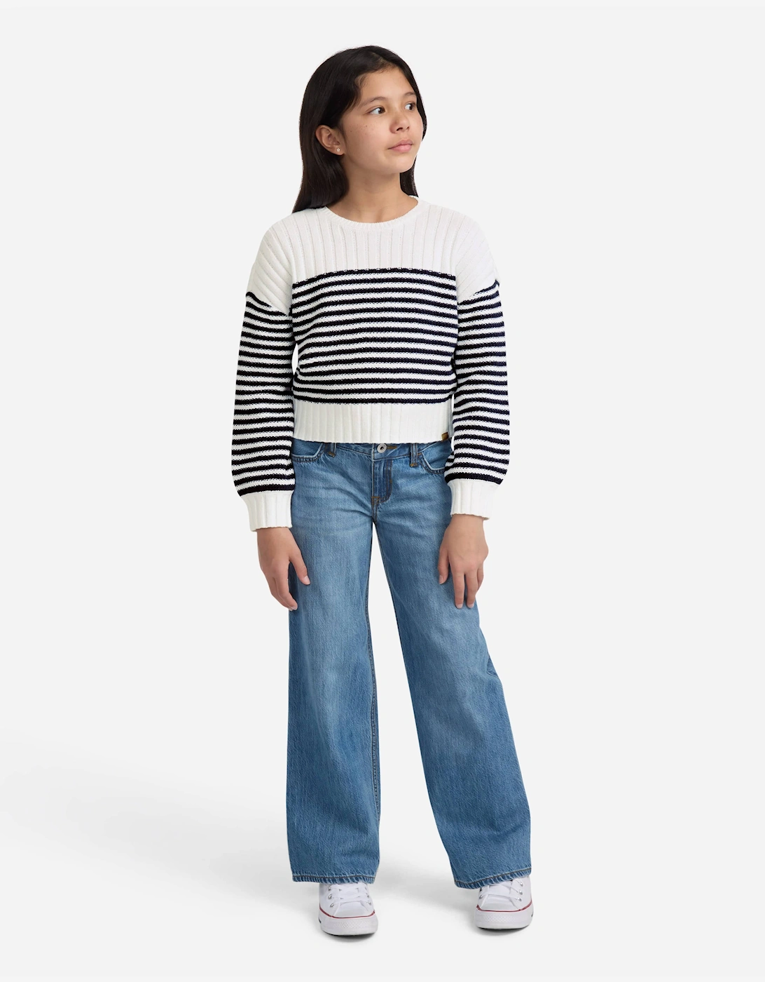 Girls Striped Slash Neck Sweatshirt in White