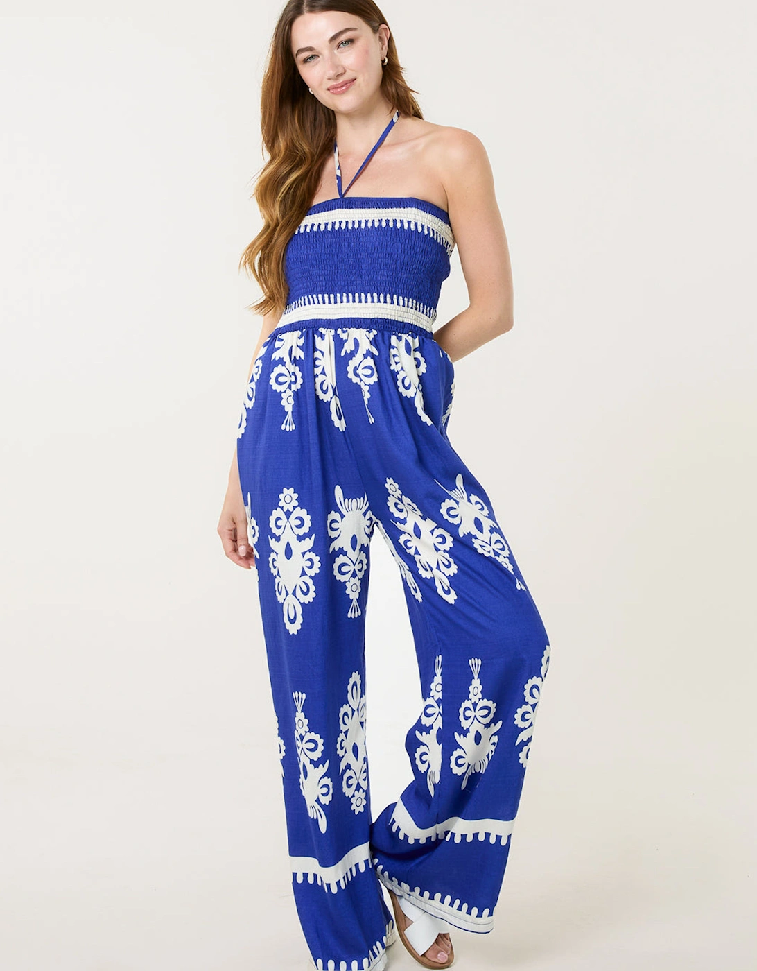 Blue Halter Neck Shirred Waist Jumpsuit, 2 of 1