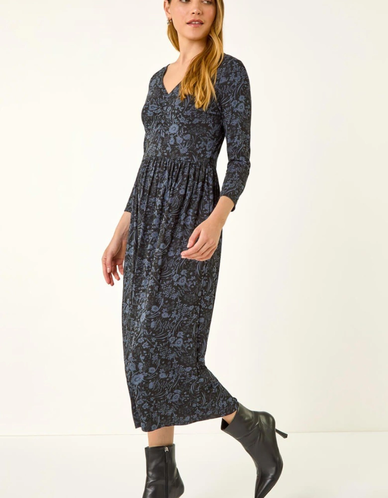 Floral Print Ruched Stretch Midi Dress