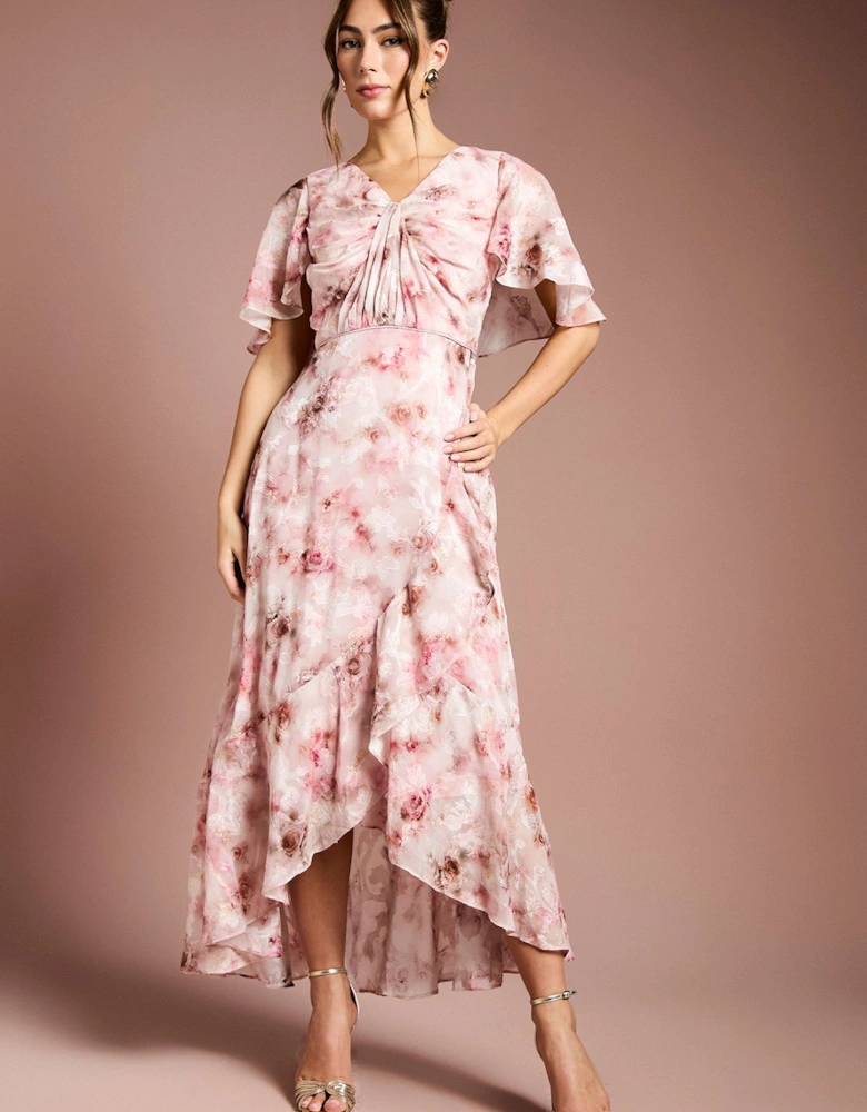 Printed Satin Jacquard Twist Front Midi Dress