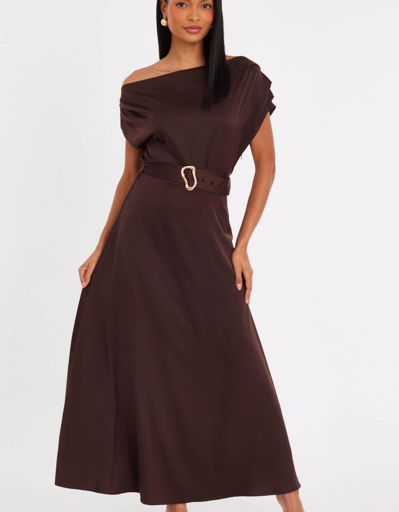 Brown Satin Off Shoulder Midaxi Dress