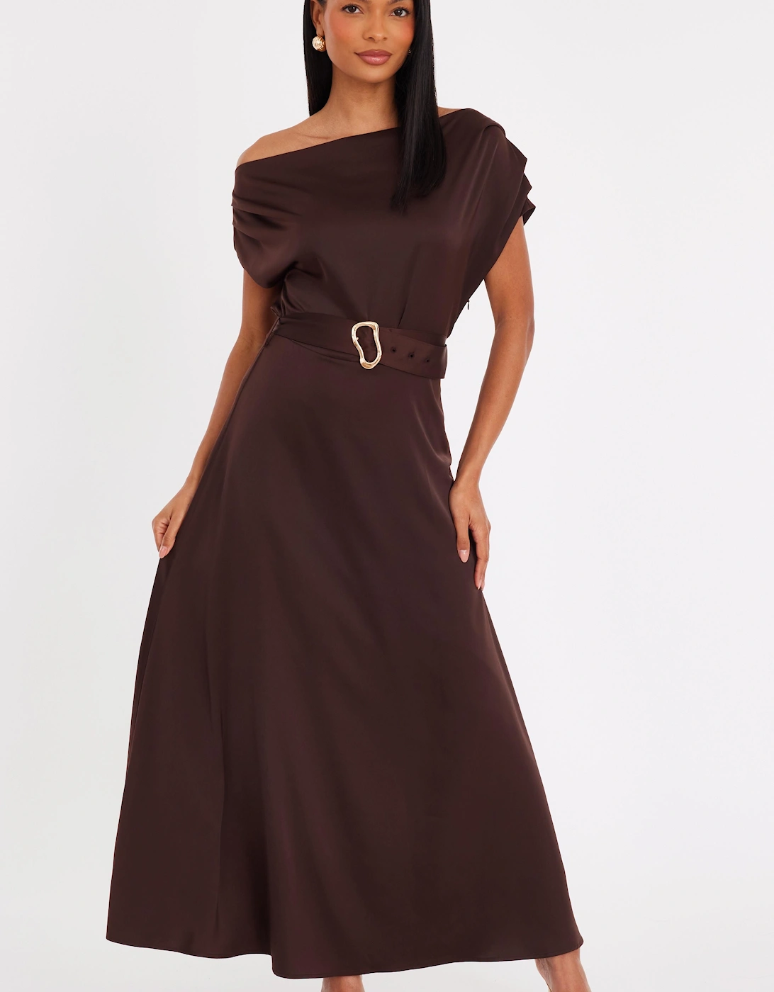 Brown Satin Off Shoulder Midaxi Dress, 2 of 1