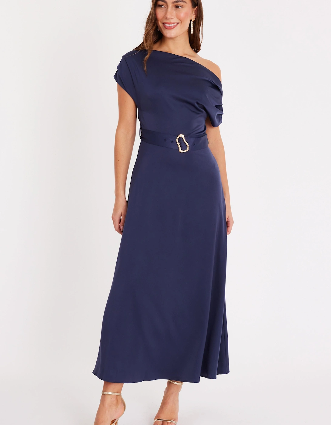Navy Satin Off Shoulder Midaxi Dress, 2 of 1