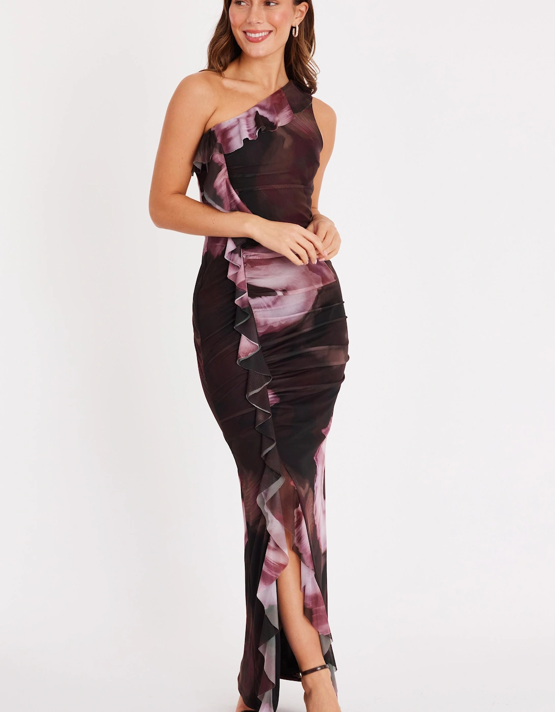 Brown Floral Print Mesh Maxi Dress, 2 of 1