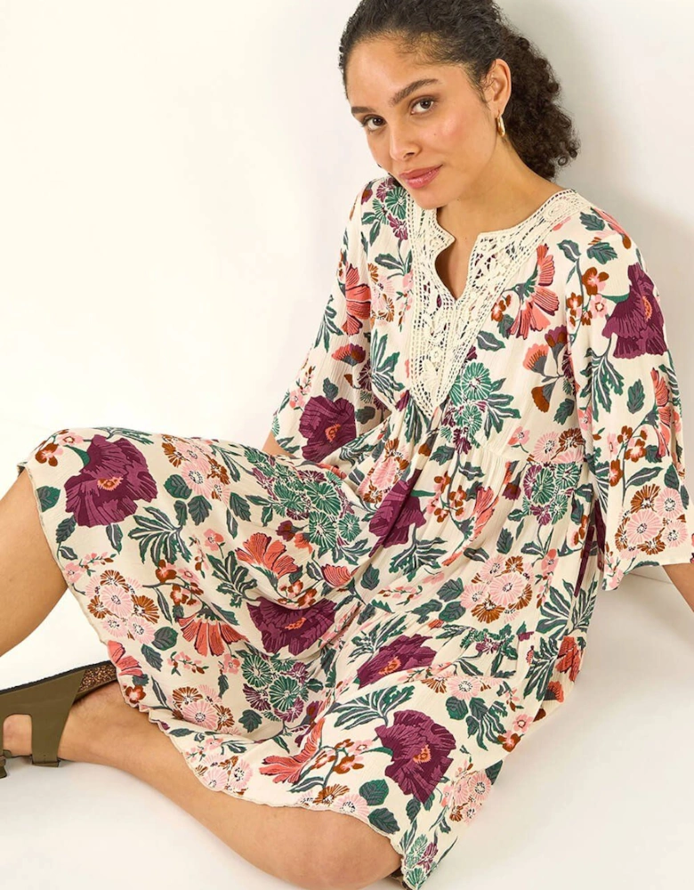 Floral Trim Smock Dress