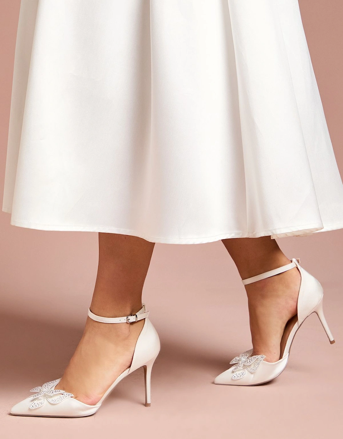 Bridal Poppy Satin Diamante Butterfly Trim Pointed High Stiletto Heel Court Shoes, 2 of 1