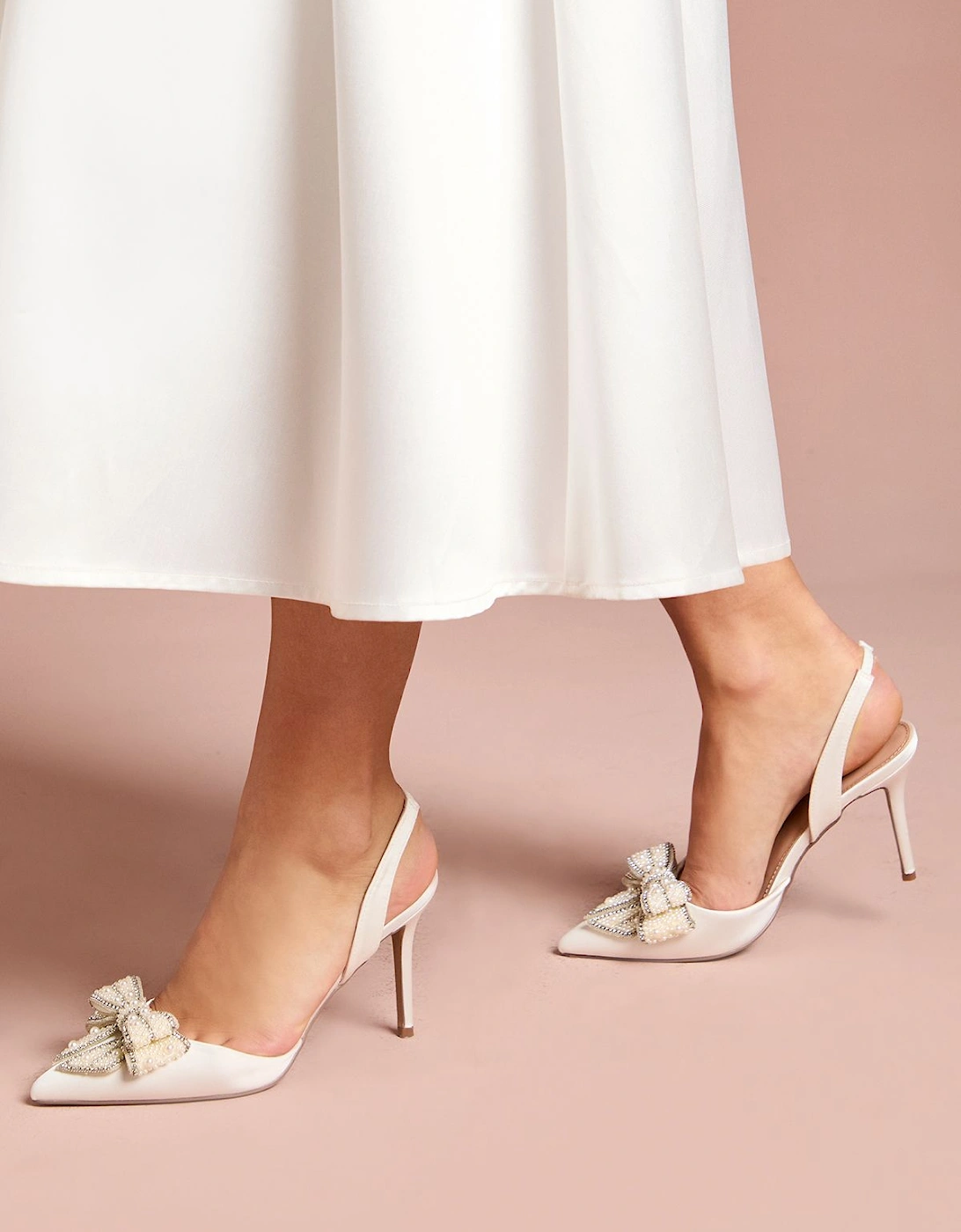 Bridal Selena Satin Pearl Bow Pointed High Stiletto Heel Slingback Court Shoes, 2 of 1