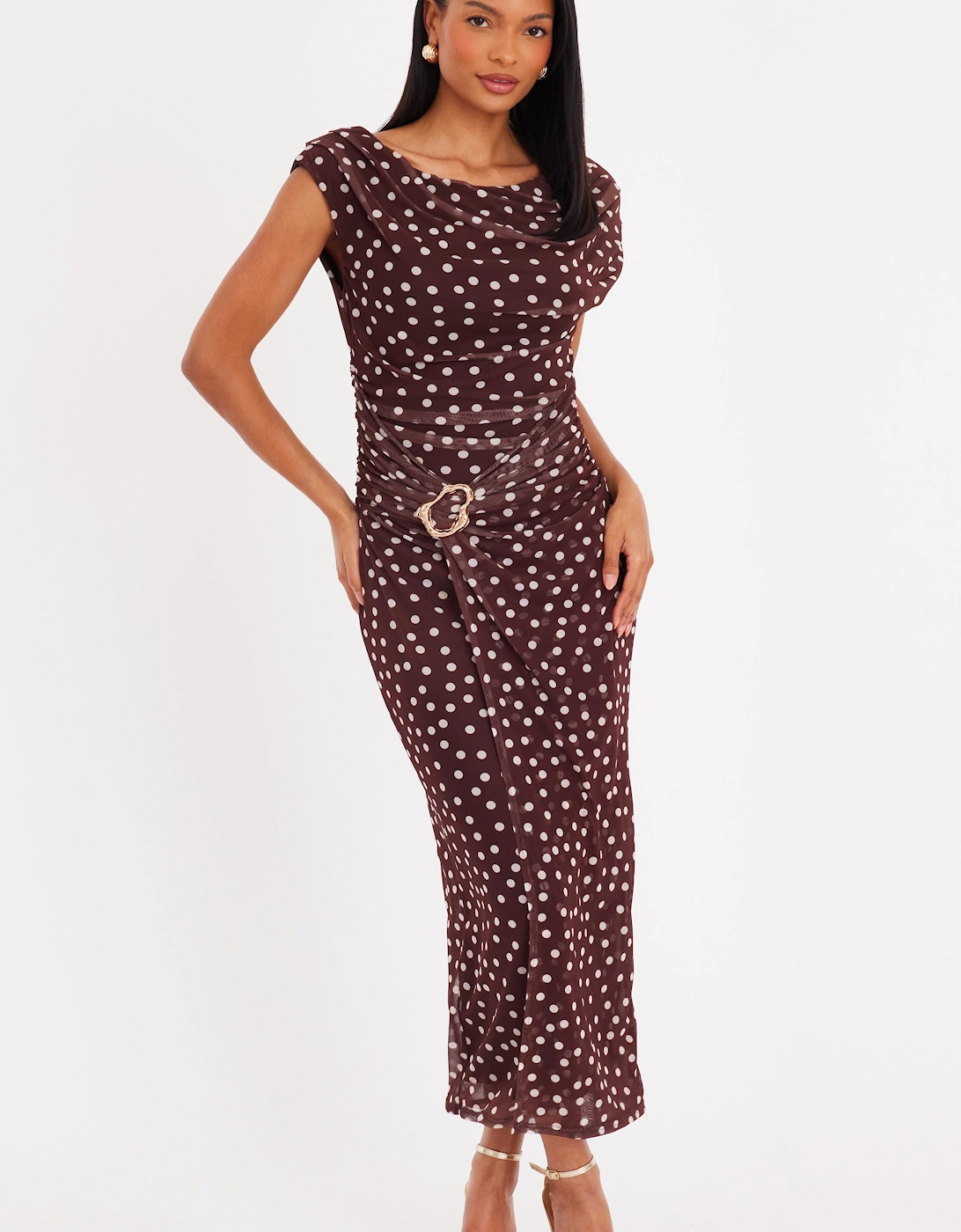 Brown Polka Dot Mesh Midaxi Dress, 2 of 1