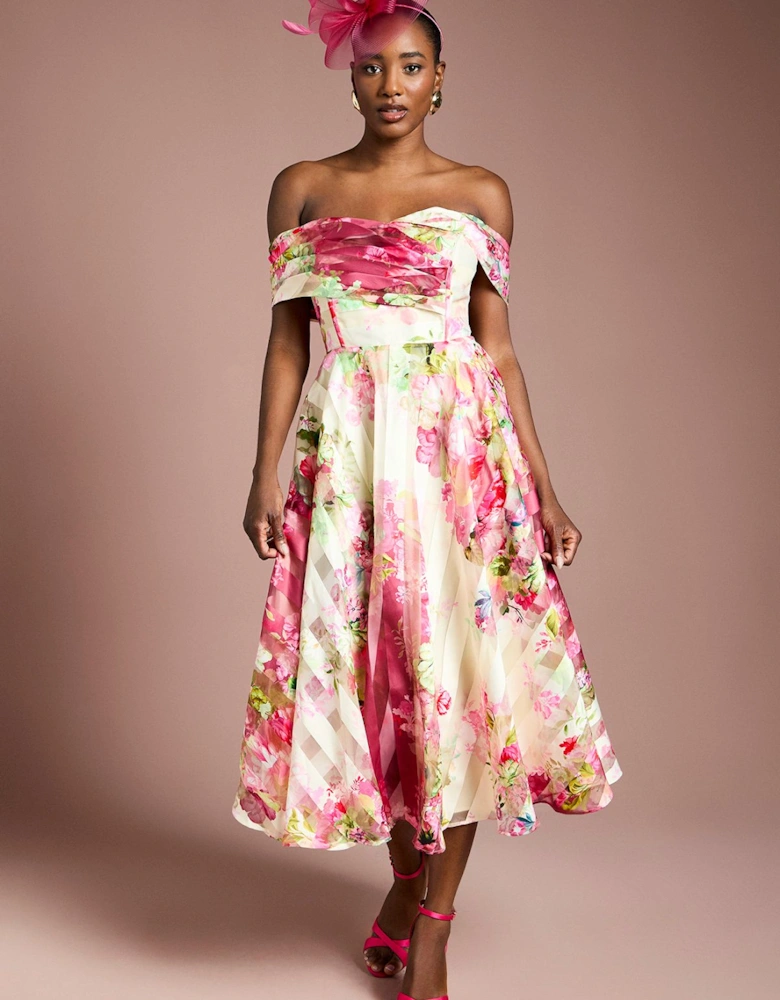 Stripe Organza Pleat Top Midi Dress