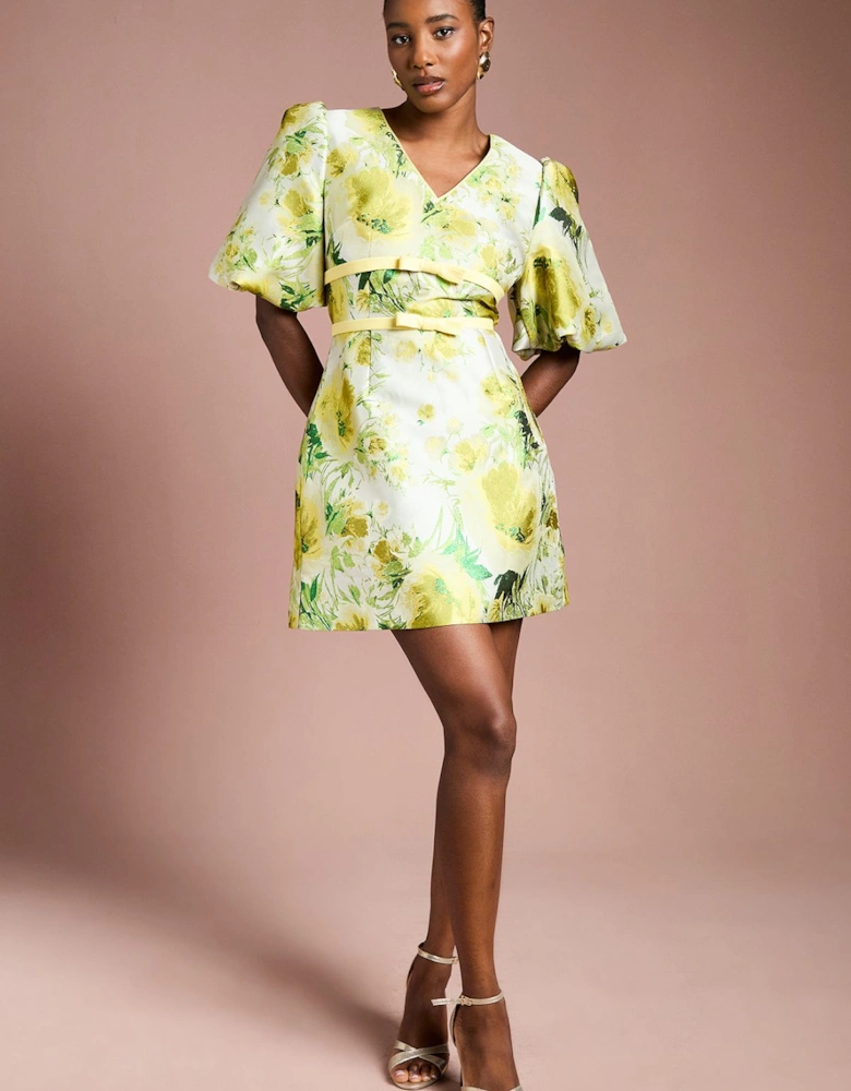 Floral Jacquard Puff Sleeve Mini Dress