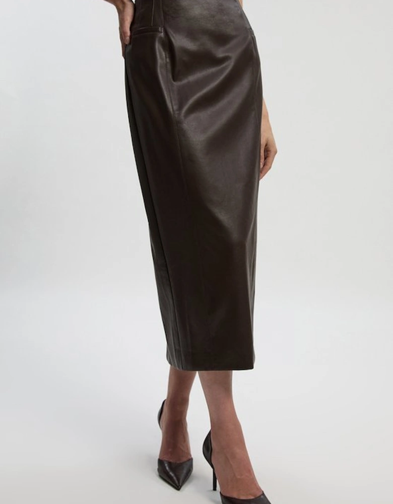 Petite Faux Leather Seam Waist Detail Pencil Midi Skirt