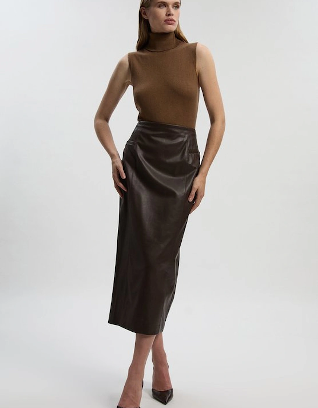 Petite Faux Leather Seam Waist Detail Pencil Midi Skirt, 4 of 3