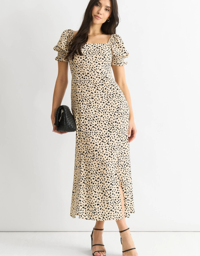 Beige Animal Printed Split Viscose Midi Dress