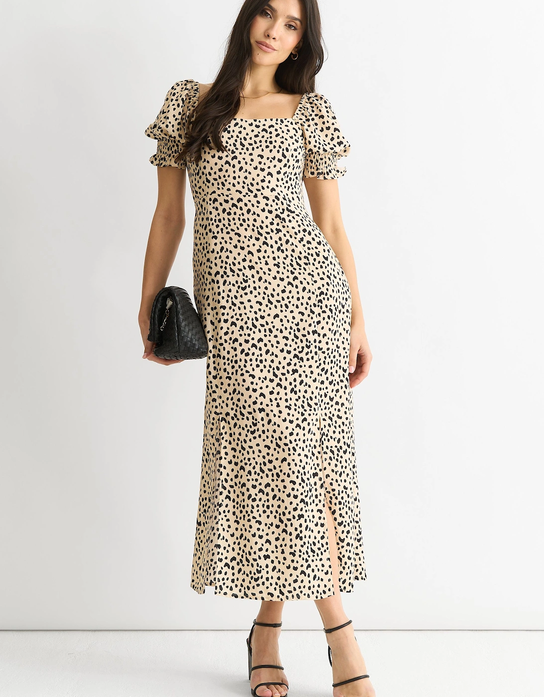 Beige Animal Printed Split Viscose Midi Dress, 2 of 1