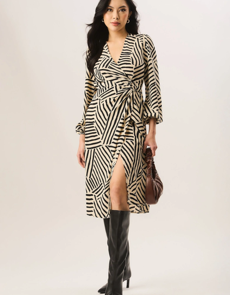 Beige Geo Print Assymetric Hem Wrap Midi Dress