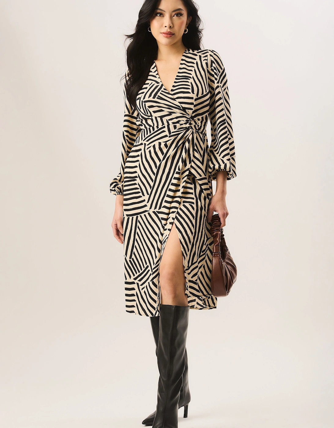 Beige Geo Print Assymetric Hem Wrap Midi Dress, 2 of 1