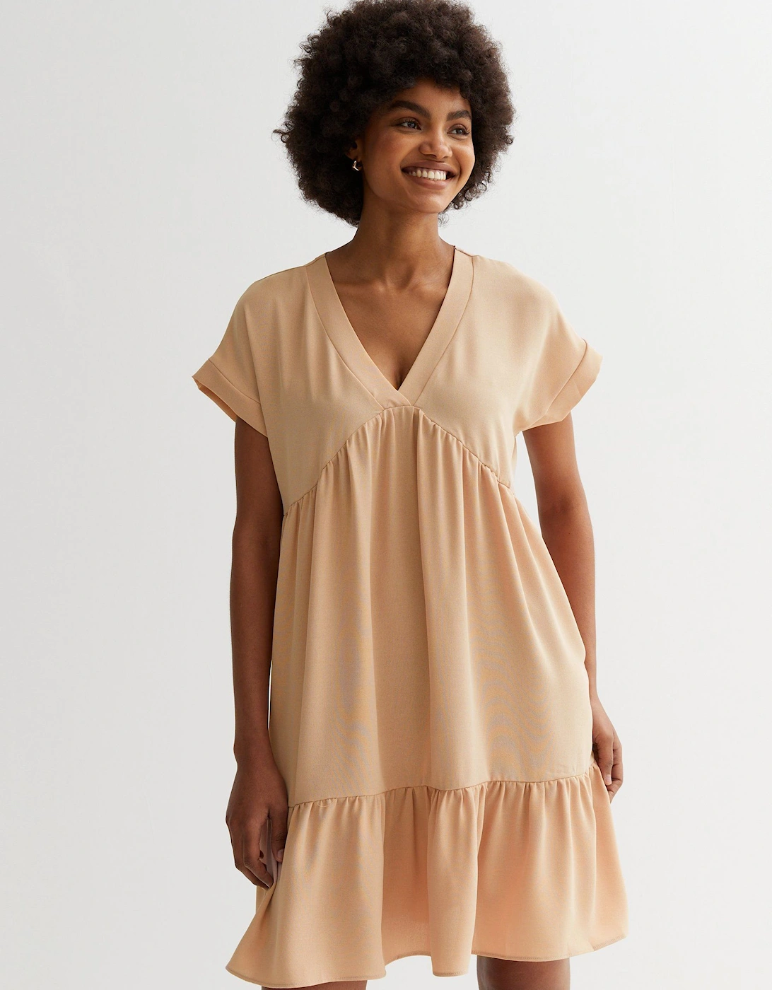 Beige V Neck Tiered Mini Smock Dress, 2 of 1